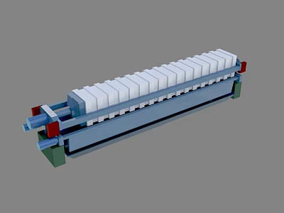 Industrial Filter Press Equipment With Multiple White Plates Blue Frame And Red Green Ends 3d model