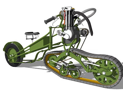 Green Tracked Motorcycle Featuring Single Front Wheel Small Seat And Mechanical Design 3d model