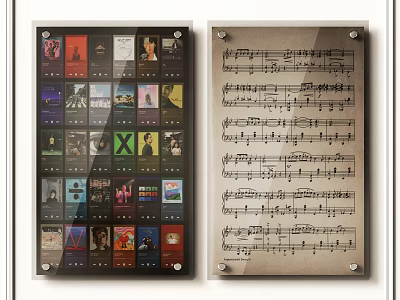 Album Covers And Sheet Music Framed Wall Art Display For Music Lovers 3d model