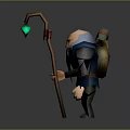 Old Man Character With Long White Beard Holding Staff With Green Gem And Backpack