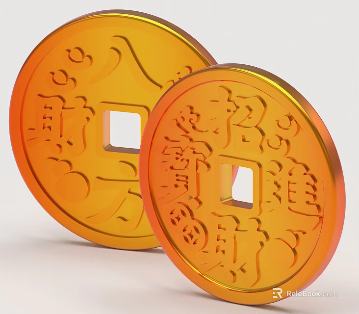 Intricate Sculpture Carving On Orange Ancient Coins With Characters And Patterns 3d model 