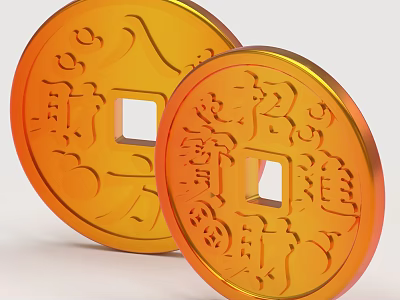 Intricate Sculpture Carving On Orange Ancient Coins With Characters And Patterns 3d model