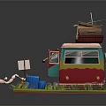 Colorful Camper Van With Luggage Donut Tube Sign Guitar And Campfire On Grass