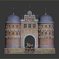 Historical Red Brick Architectural Structure With Twin Domed Towers Blue Roofs And Ornate Arched Entrance