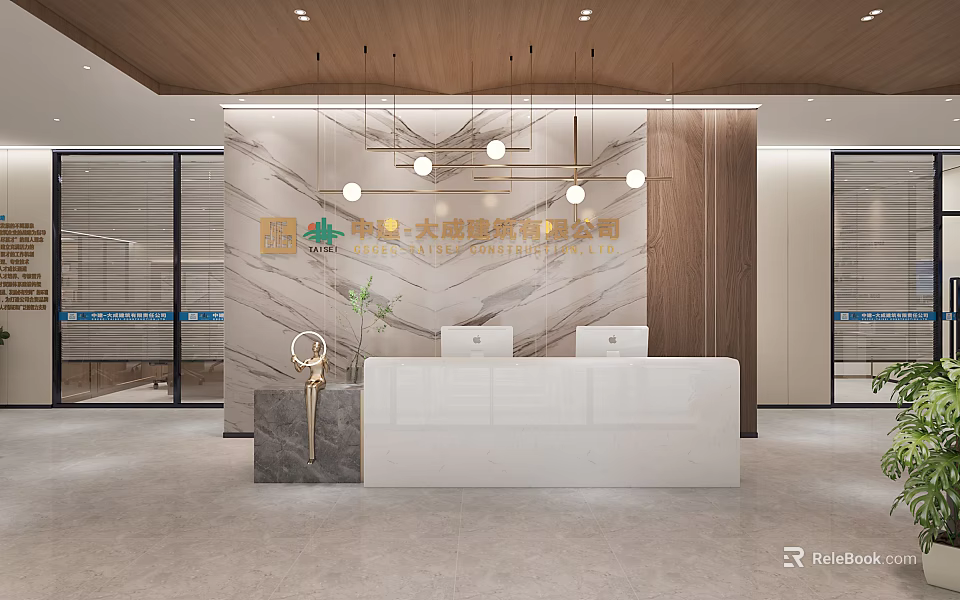 Modern White Reception Desk With Marble Wall Hanging Lights And Green Plant Decor 3d model 