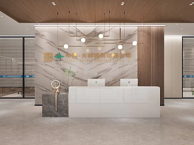 Modern White Reception Desk With Marble Wall Hanging Lights And Green Plant Decor 3d model