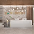 Modern White Reception Desk With Marble Wall Hanging Lights And Green Plant Decor