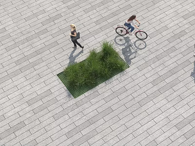 Aerial View of Paved Square with Green Grass Patch and People Walking Cycling 3d model