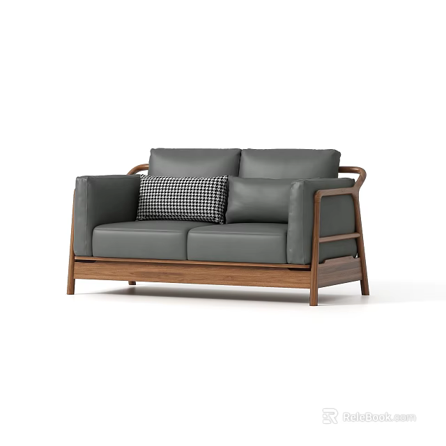 Modern Two Seater Sofa With Grey Leather Wooden Armrests And Checkered Cushion 3d model 
