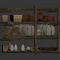 Multi tiered Rustic Wooden Shelf Displaying Baskets Clay Pots Fabric Rolls And Tray