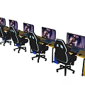 Functional Gaming Desks With Multiple Monitors And Black Ergonomic Chairs 3d model