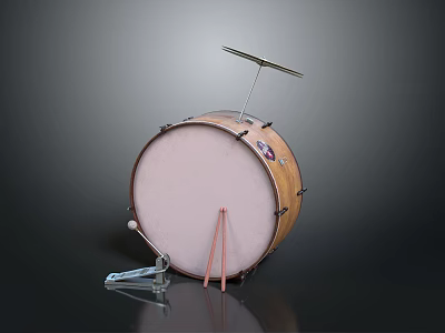 Acoustic Bass Drum With Wooden Shell Pink Drumhead Metal Cymbal Stand And Red Drumsticks 3d model
