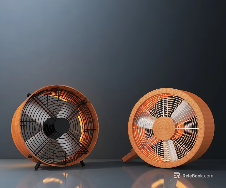 Two Modern Wooden Air Cooler Fans with Metal Grilles for Home Use 3d model 