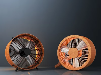 Two Modern Wooden Air Cooler Fans with Metal Grilles for Home Use 3d model