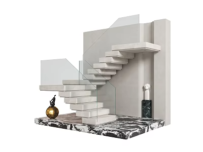 Modern Staircase Design With Glass Railings White Steps Marble Base And Decorative Elements 3d model