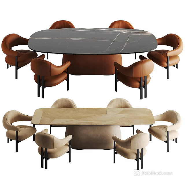 Modern Dining Table Set With Round Gray Rectangular Beige Tops Brown Chairs Ottoman 3d model