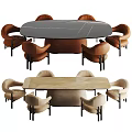 Modern Dining Table Set With Round Gray Rectangular Beige Tops Brown Chairs Ottoman 3d model