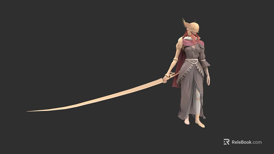 Game and Movie Character with Long Hair in Elegant Dress Holding Long Sword Fantasy Style 3d model 