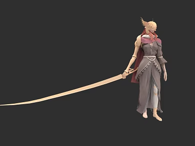 Game and Movie Character with Long Hair in Elegant Dress Holding Long Sword Fantasy Style 3d model