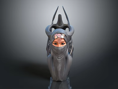 Fantasy Character With Creature Inspired Horned Headpiece Masked Face And Vibrant Eyes 3D Render 3d model