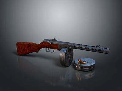 Vintage Submachine Gun With Wooden Grip Drum Magazine And Ammunition Bullets On Reflective Gray Background 3d model