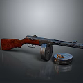 Vintage Submachine Gun With Wooden Grip Drum Magazine And Ammunition Bullets On Reflective Gray Background