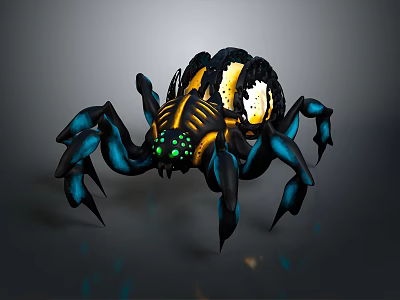 Detailed Black Yellow Blue Spider With Glowing Green Eyes And Segmented Body 3d model