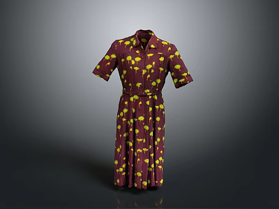 Crimson Short Sleeved Dress With Yellow Patterns And Belt Design 3d model