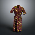 Crimson Short Sleeved Dress With Yellow Patterns And Belt Design