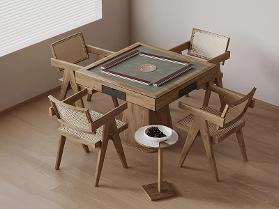 Wooden Square Game Table Interior With Rattan Chairs And Side Table 3d model