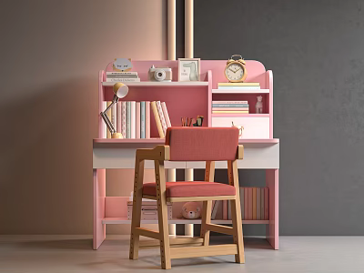Pink Desk With Bookshelf Books Table Lamp Clock And Wooden Chair With Red Cushion 3d model
