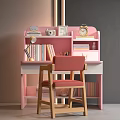 Pink Desk With Bookshelf Books Table Lamp Clock And Wooden Chair With Red Cushion