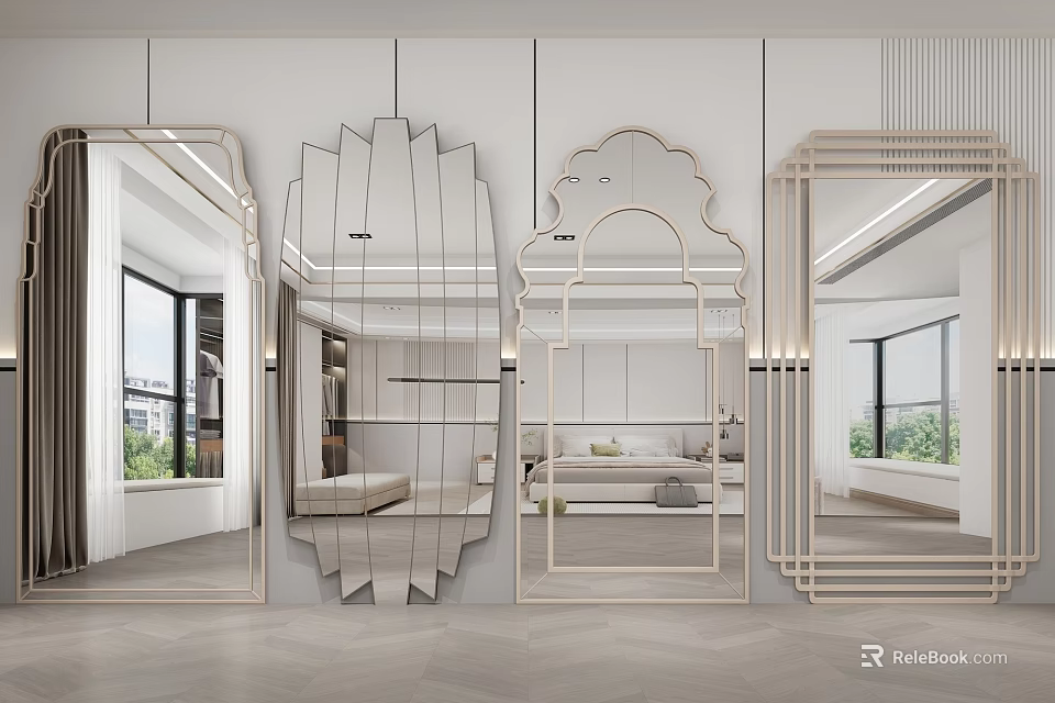 Stylish Wall Mounted Mirrors With Various Shapes In Modern Interior Space 3d model