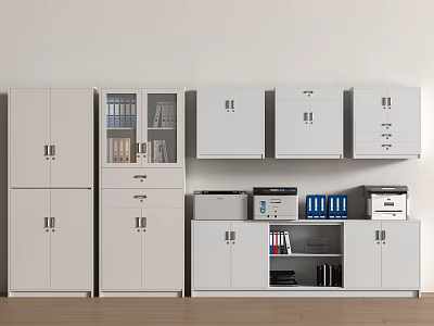 White Office Cabinets With Glass Door Units Drawers Printers And File Folders On Shelves 3d model