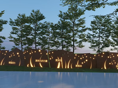 Outdoor Scenic Wall with Illuminated Engraved Characters Surrounded by Green Trees in Public Area 3d model
