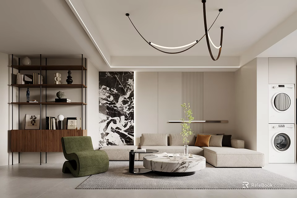 Modern Living Room Interior With Green Chair Beige Sofa And Marble Coffee Table 3d model 