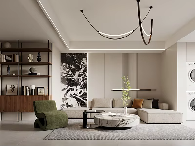 Modern Living Room Interior With Green Chair Beige Sofa And Marble Coffee Table 3d model