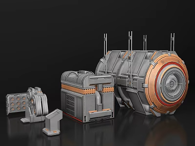Cartoon Sci Fi Mechanical Scene With Circular Structures Square Devices And Orange Details 3d model