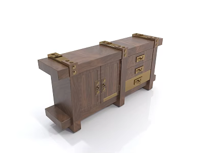 Wooden TV Cabinet with Dark Brown Finish Golden Metal Accents Doors and Drawers 3d model