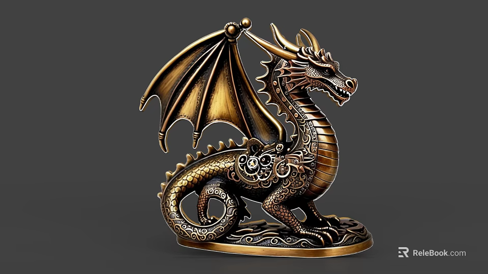 Ornate Bronze Dragon Sculpture With Steampunk Gear Details And Winged Design 3d model 