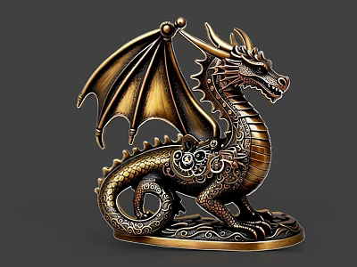 Ornate Bronze Dragon Sculpture With Steampunk Gear Details And Winged Design 3d model