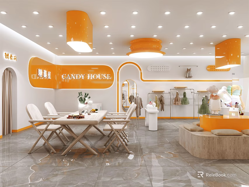 GANDY HOUSE Clothing Store With Orange Decor Open Layout Display Clothes Seating And Green Plants 3d model 