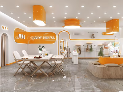 GANDY HOUSE Clothing Store With Orange Decor Open Layout Display Clothes Seating And Green Plants 3d model