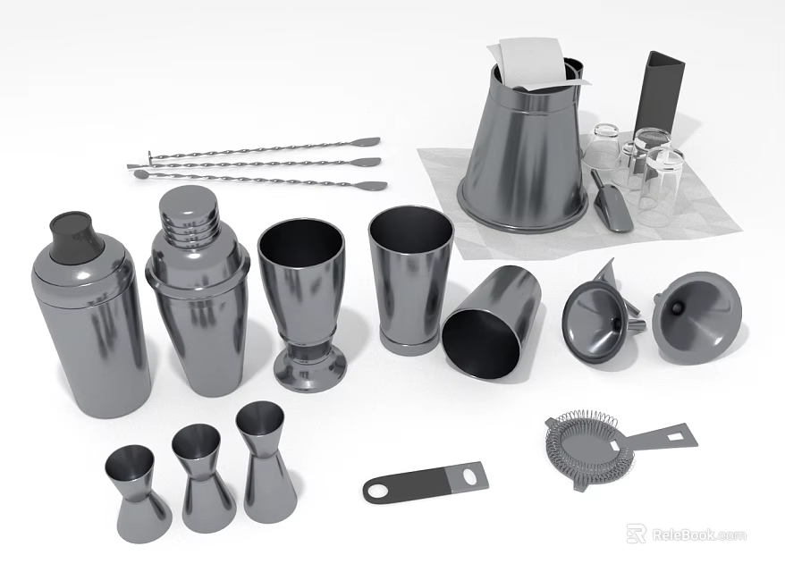 Stainless Steel Barware Set Including Cocktail Shaker Measuring Cups Strainer And Mixing Spoons 3d model 