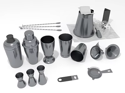 Stainless Steel Barware Set Including Cocktail Shaker Measuring Cups Strainer And Mixing Spoons 3d model