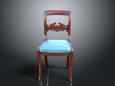 Elegant Classic Wooden Chair With Intricate Carved Backrest And Blue Upholstered Seat 3d model