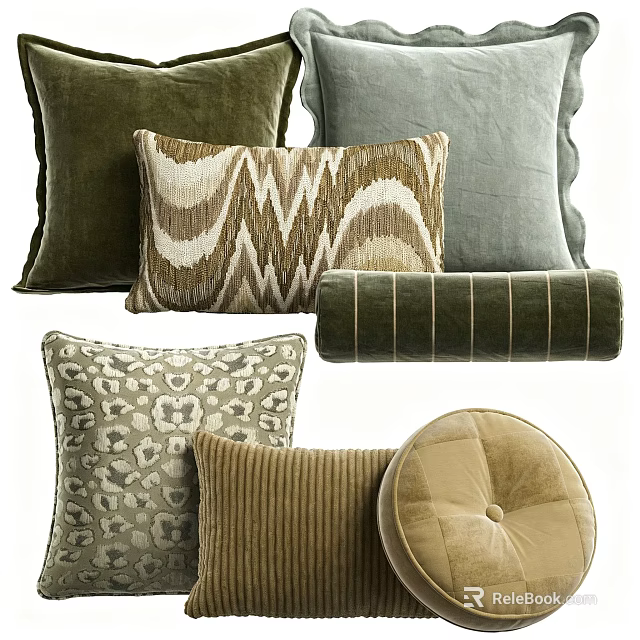 Stylish Decorative Pillows With Geometric Striped Leopard Print And Round Buttoned Designs 3d model 