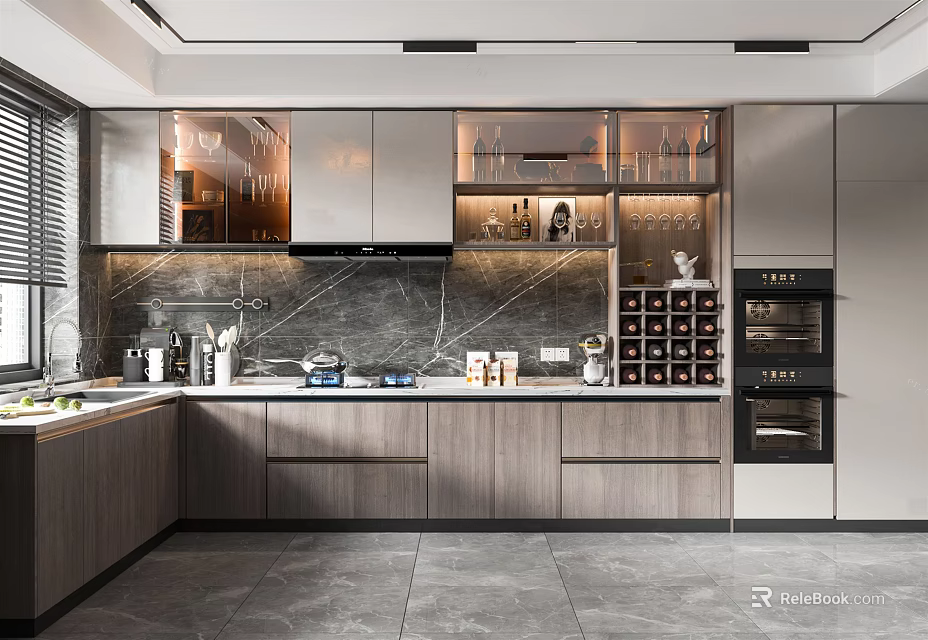 Modern Kitchen Interior With Marble Countertop Cabinets Wine Rack And Appliances 3d model 