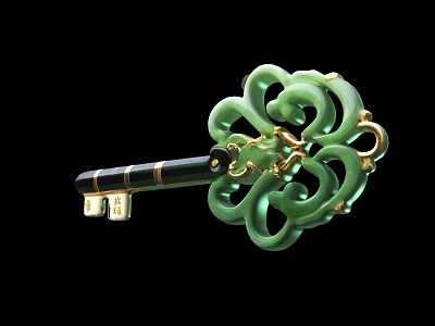 Green Decorative Key With Intricate Pattern And Metal Jade Like Material For Home Use 3d model