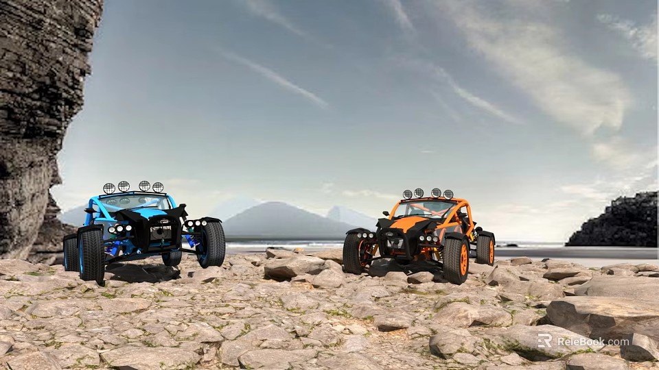 Two Off-Road Vehicles Parked On Scenic Rocky Ground With Mountains And Sky 3d model 